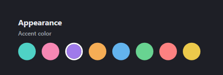Eight accent colour choices: teal, pink, purple, orange, blue, green, red and yellow