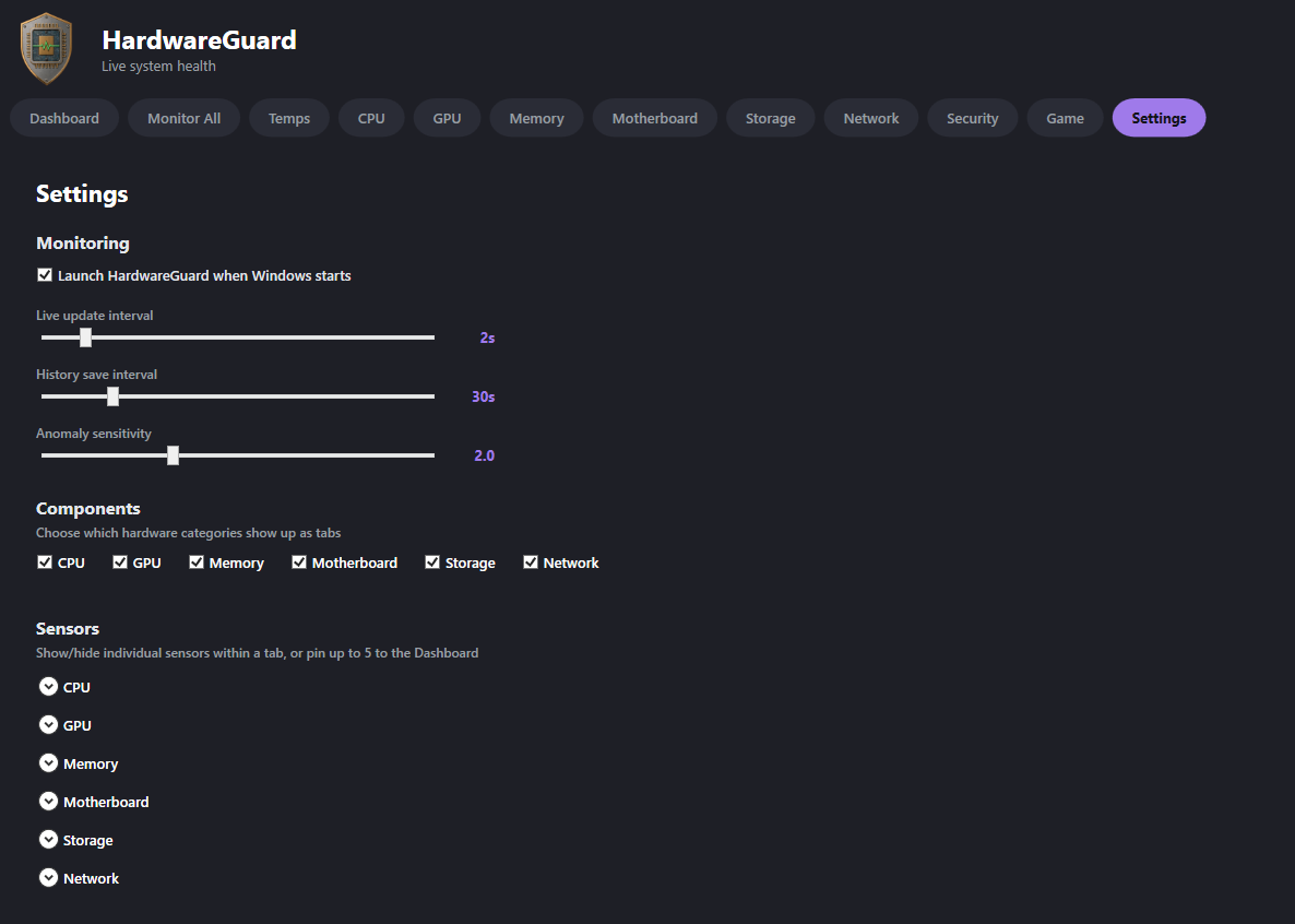 The Settings tab with startup, update interval, history interval, anomaly sensitivity and component options
